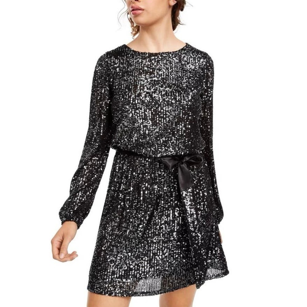 Women's Black Sequined Long Sleeve‎ Blouson Mini Dress, Juniors size XS